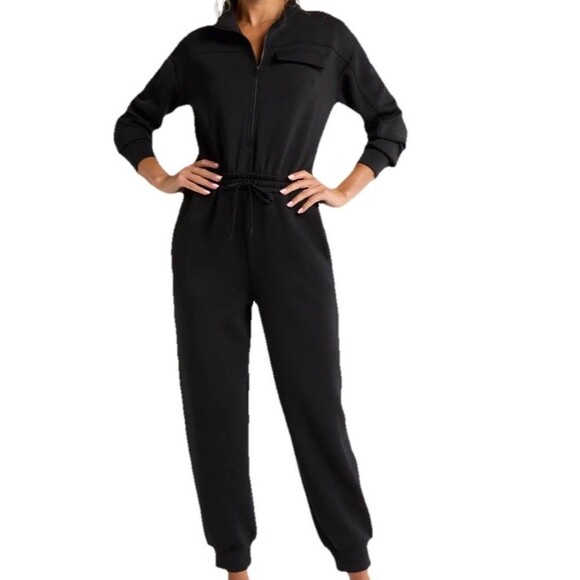 Zella Lift Off Jumpsuit Medium Long sleeve Black Joggers Pockets Stylish Modal - Picture 1 of 16
